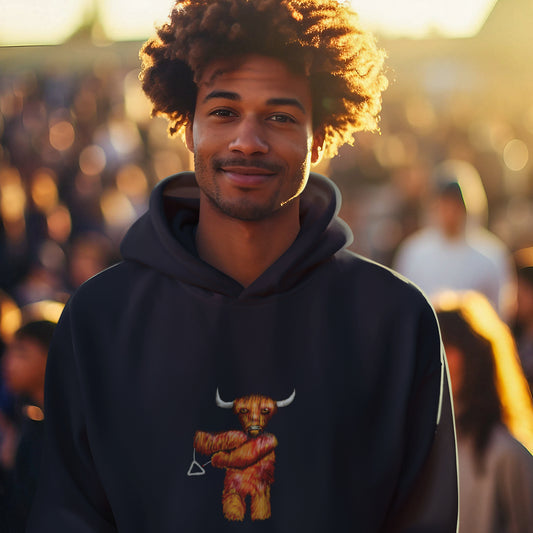 Cow on Triangle | Sustainable Hoodie One Pouch wore by a man.
