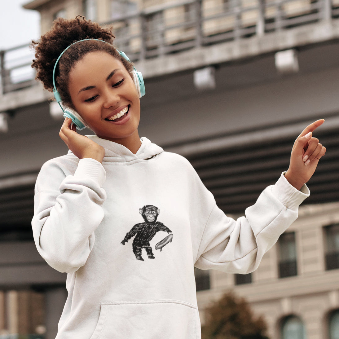 Monkey Skateboarding | Sustainable Hoodie worn by a woman