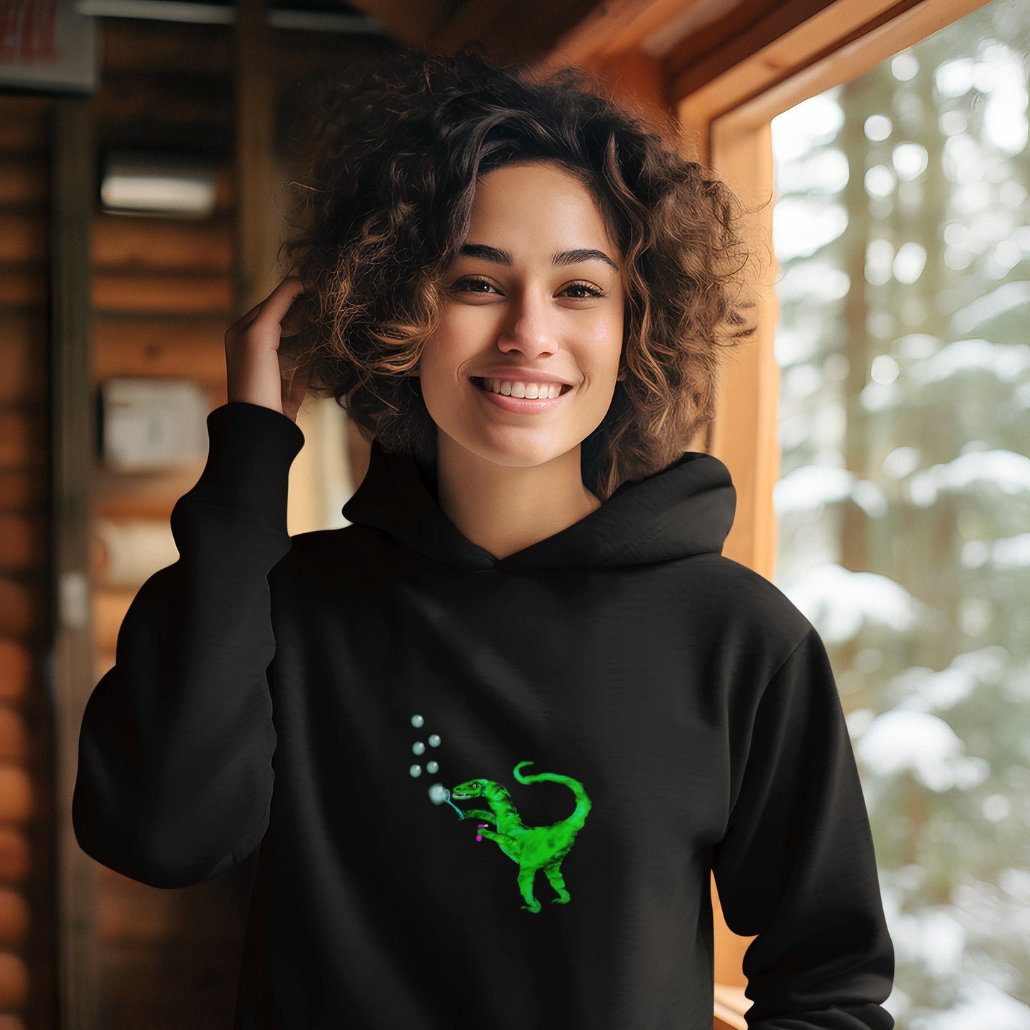 Dinosaur Velociraptor | Sustainable Hoodie worn by a woman