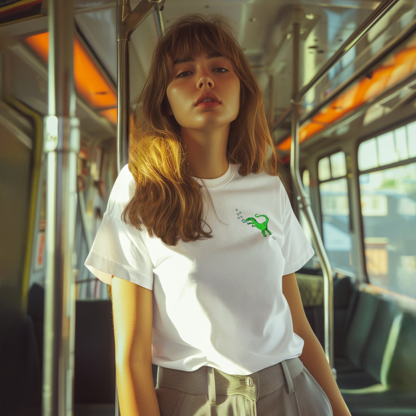 Organic Cotton Vegan T Shirt worn by a woman on a train