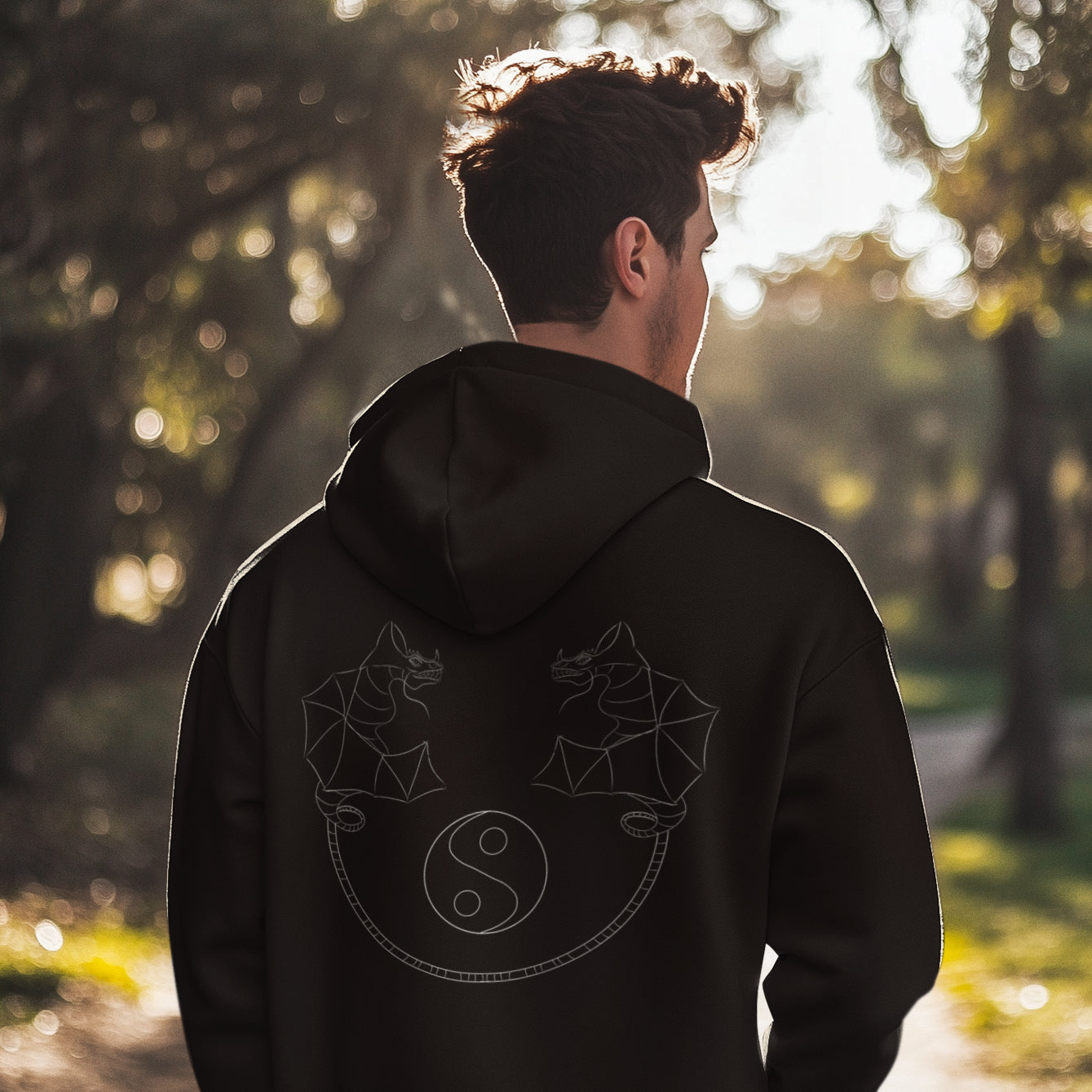 Dragon Dance, Yin and Yang | Sustainable Hoodie worn by a man