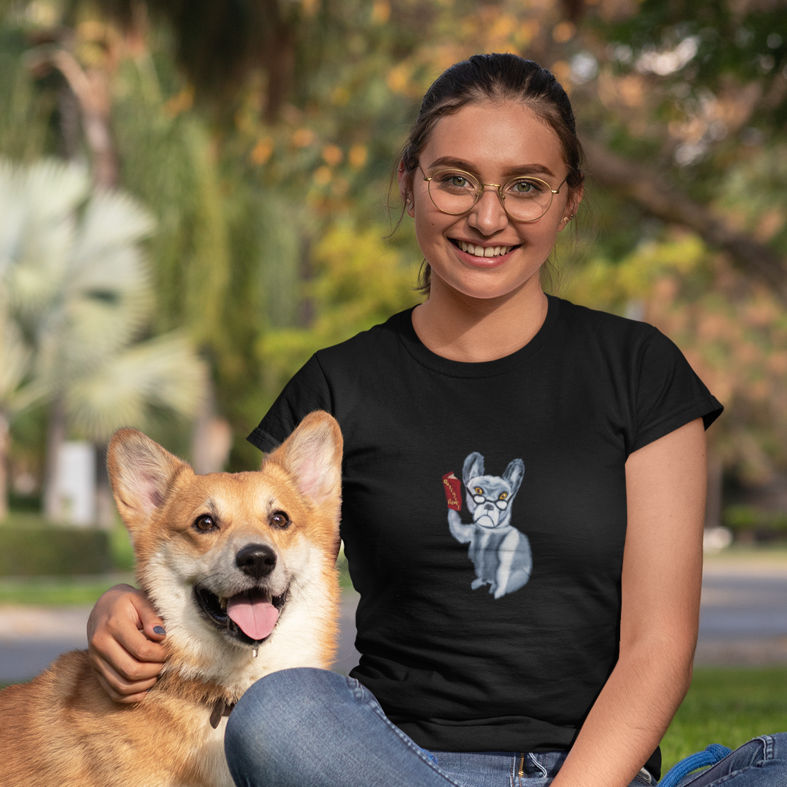 Dog Philosopher | 100% Organic Cotton T Shirt worn by a woman with her dog
