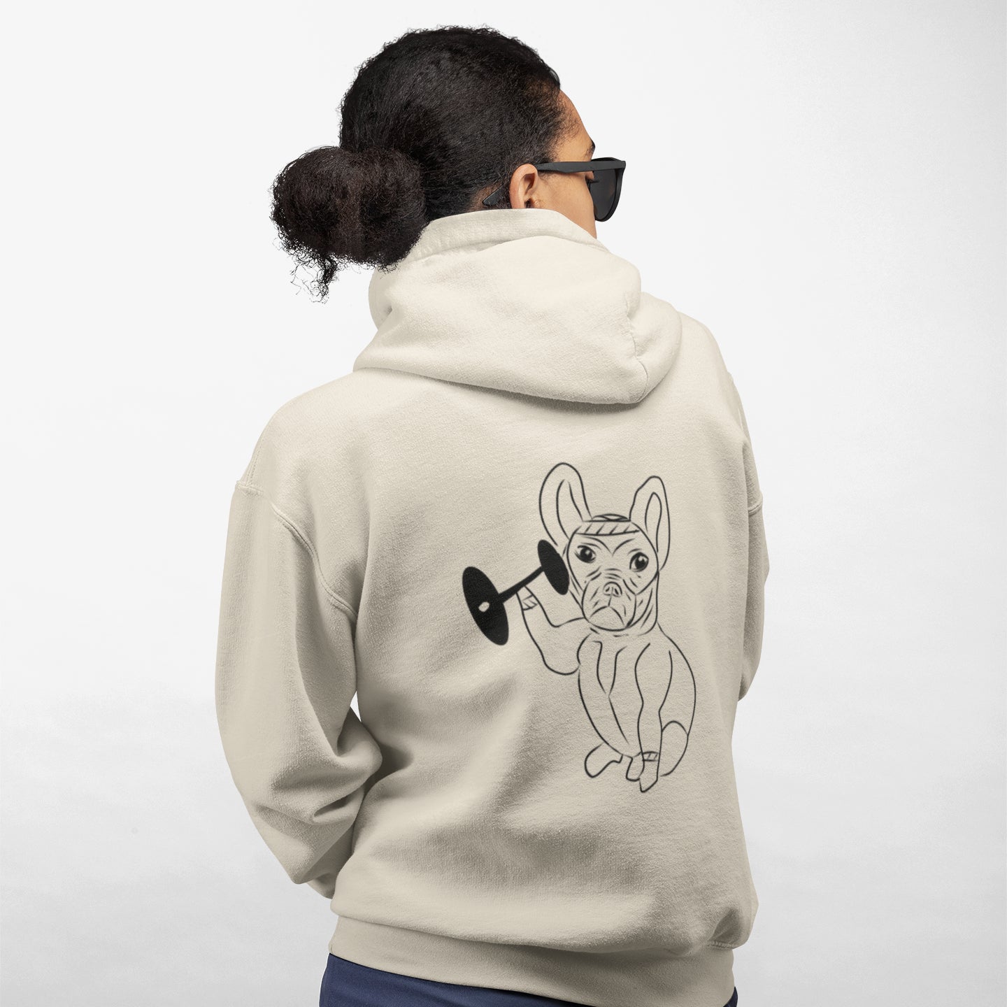 French Bulldog Weight Lifter | Sustainable Hoodie worn by a woman