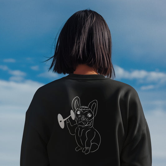 White French Bulldog Weight Lifter | Vegan Jumper worn by a woman