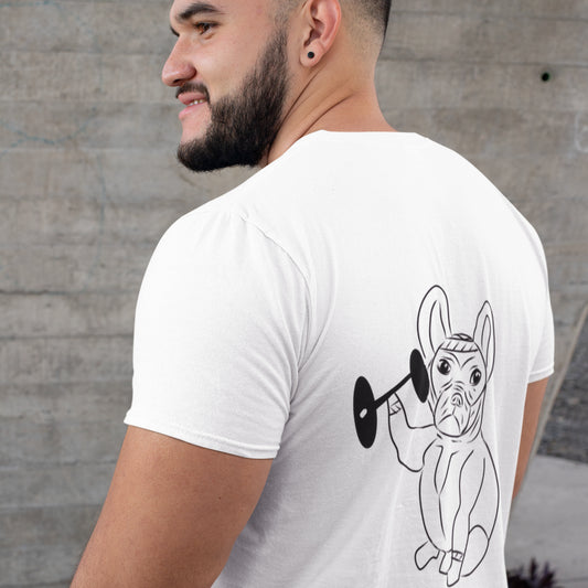 French Bulldog Weight Lifter | 100% Organic Cotton T Shirt worn by a man
