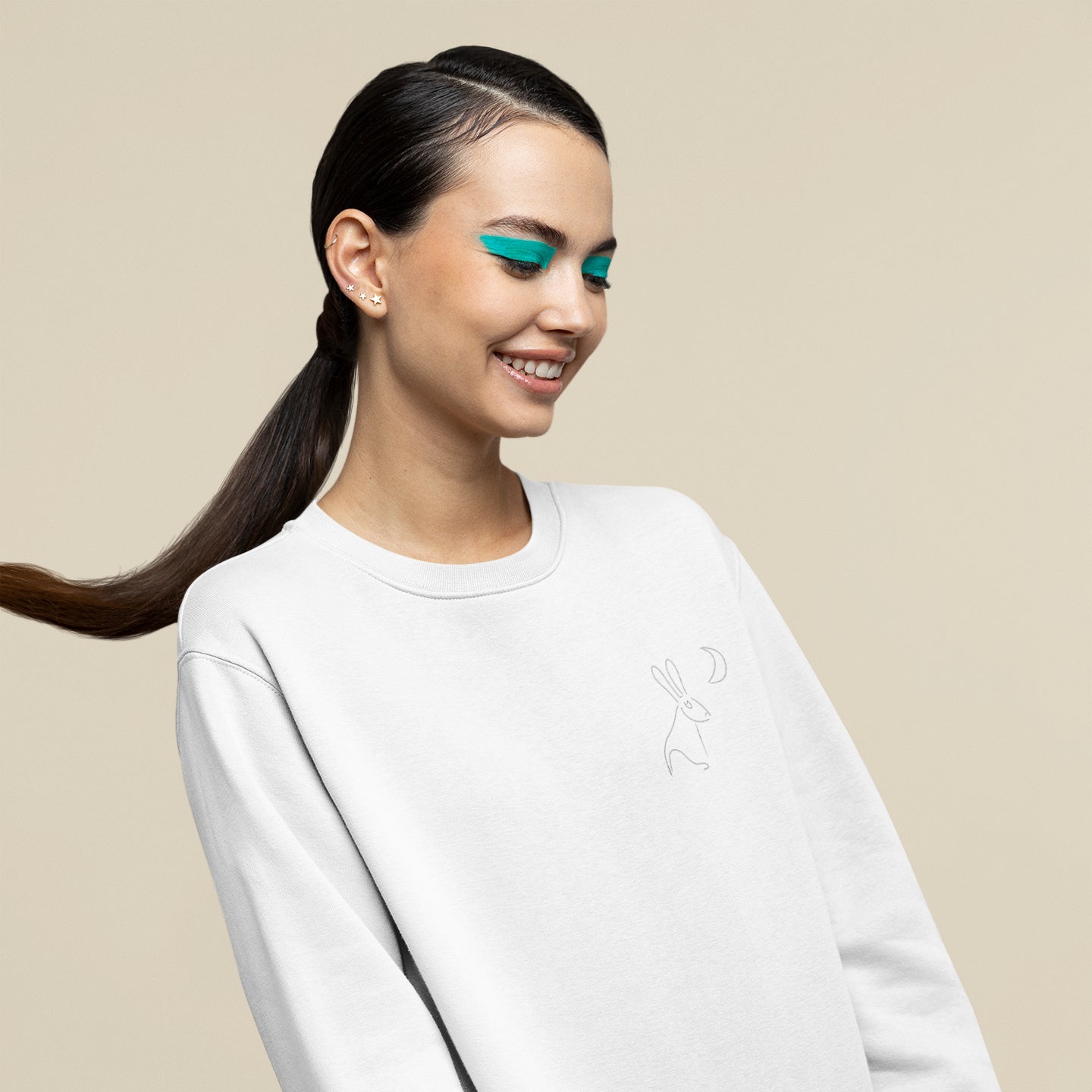 Hare Stares at the Moon | Vegan Jumper worn by a woman