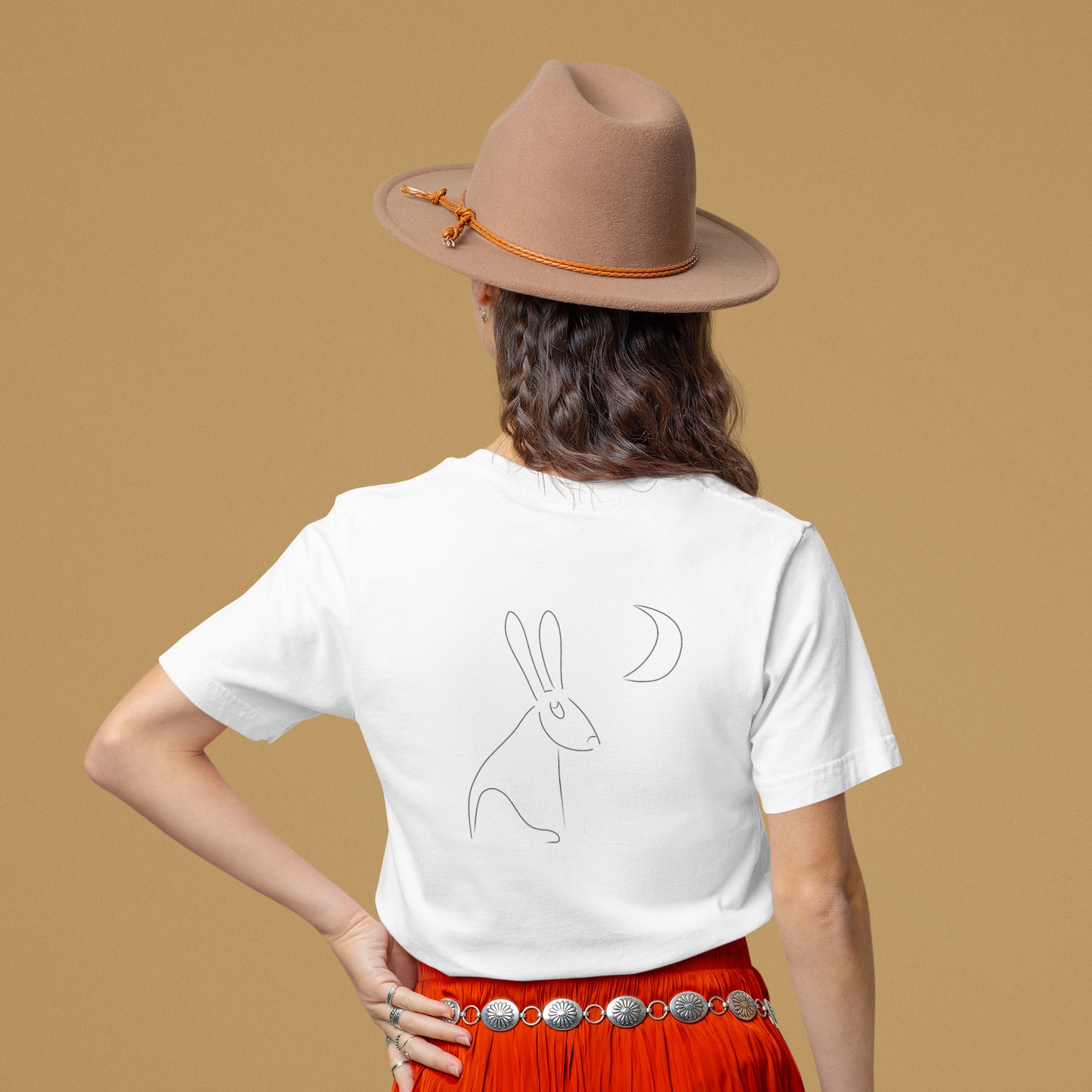 Hare Stares at Moon | 100% Organic Cotton T Shirt worn by a woman
