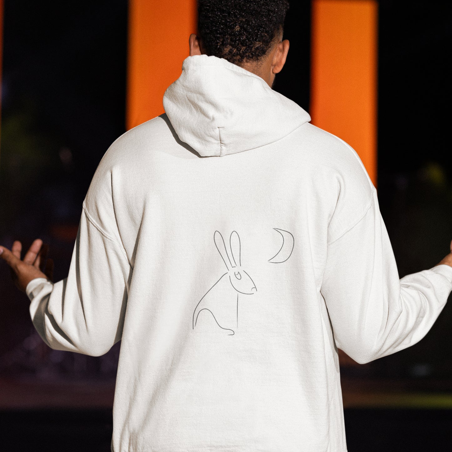 Hare stares at moon sustainable vegan hoodie two pocket