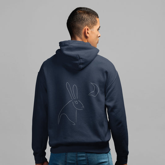White Hare Stares at Moon | Sustainable Hoodie worn by a man