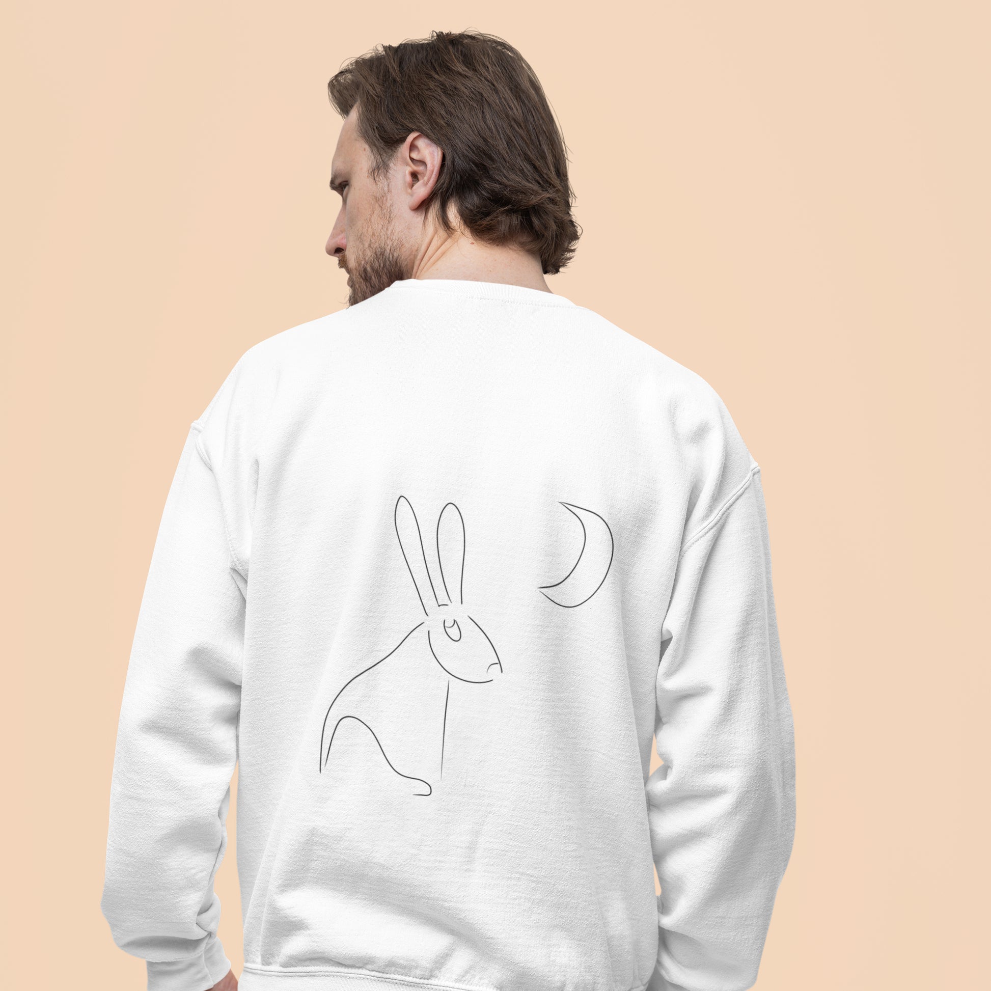 Hare Stares at the Moon | Vegan Jumper worn by a man