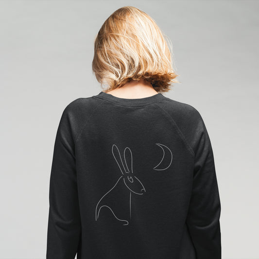 White Hare Stares at the Moon | Vegan Jumper worn by a woman