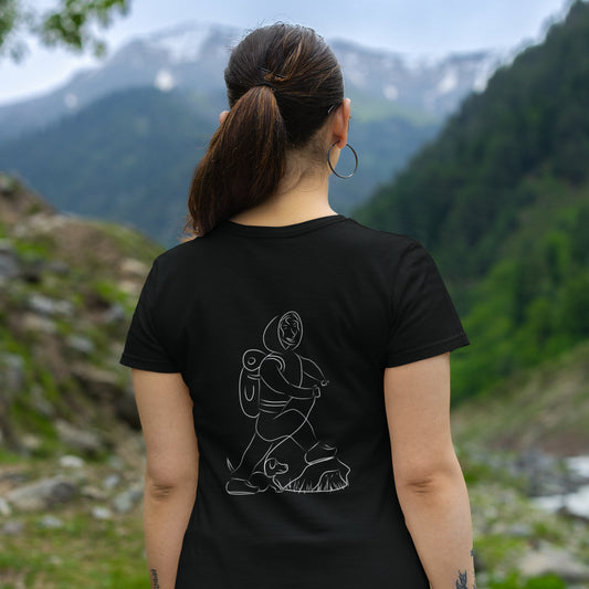 Woman and Dog Hiking White | 100% Organic Cotton T Shirt worn by a woman
