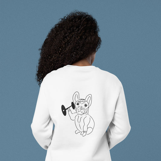 French Bulldog Weight Lifter | Vegan Jumper worn by a woman