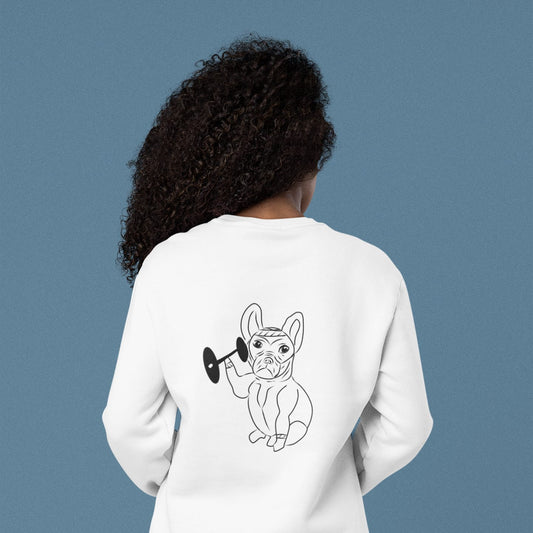 French Bulldog Weight Lifter | Vegan Jumper worn by a woman