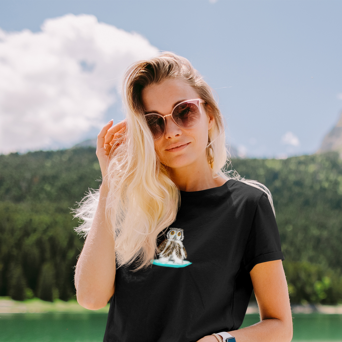 Owl Surfing | 100% Organic Cotton T Shirt worn by a woman