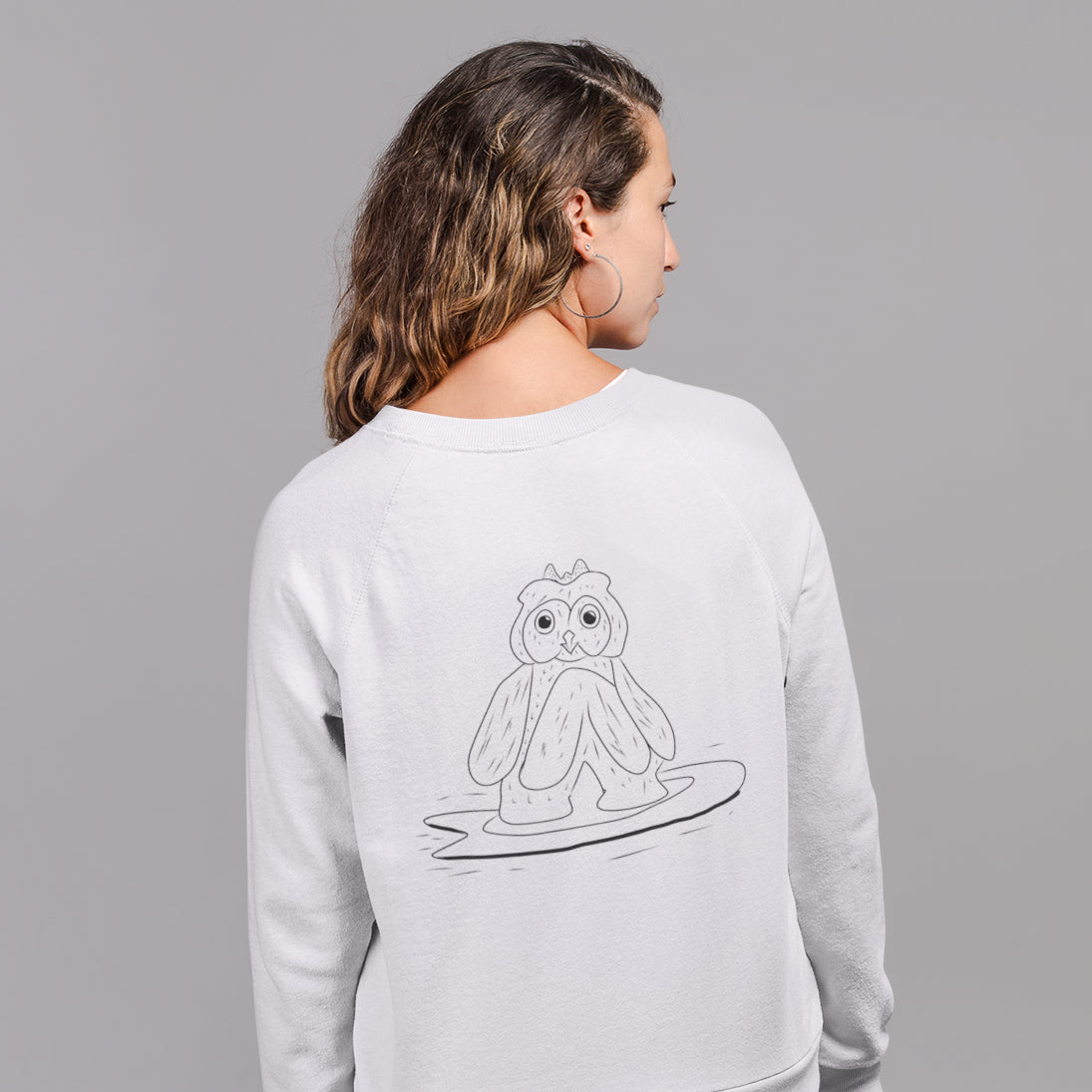 Surfing Owl | Vegan Jumper worn by a woman