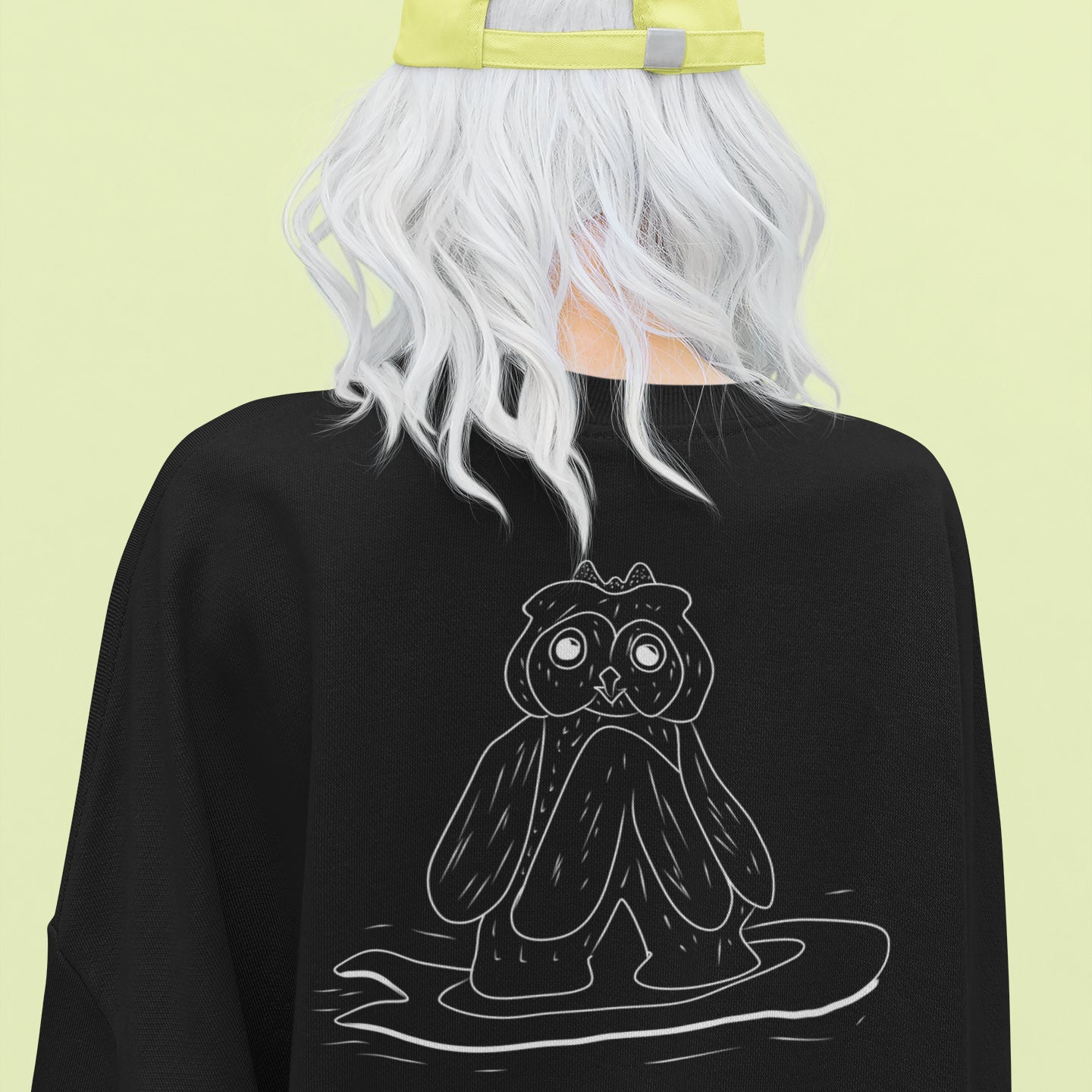Surfing Owl White Line | Vegan Jumper worn by a woman