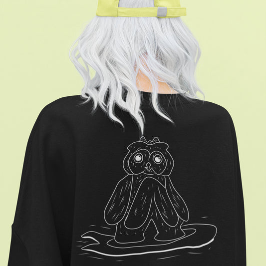 Surfing Owl White Line | Vegan Jumper worn by a woman