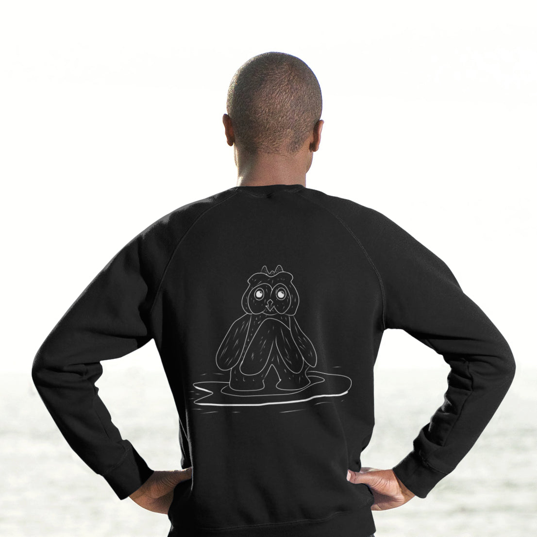 Surfing Owl White Line | Vegan Jumper worn by a man