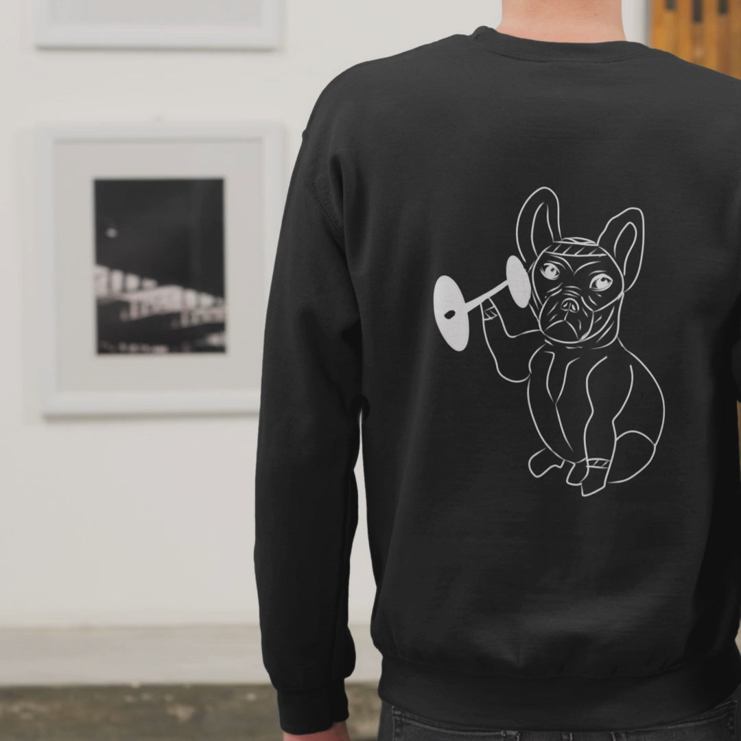 White French Bulldog Weight Lifter | Vegan Jumper worn by a man