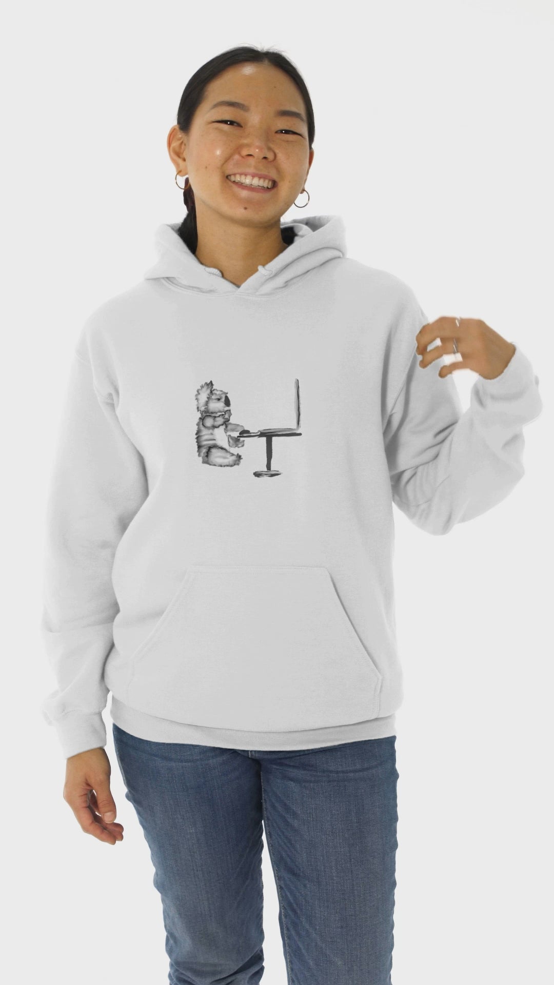 Koala on a Computer | Sustainable Hoodie worn by a woman