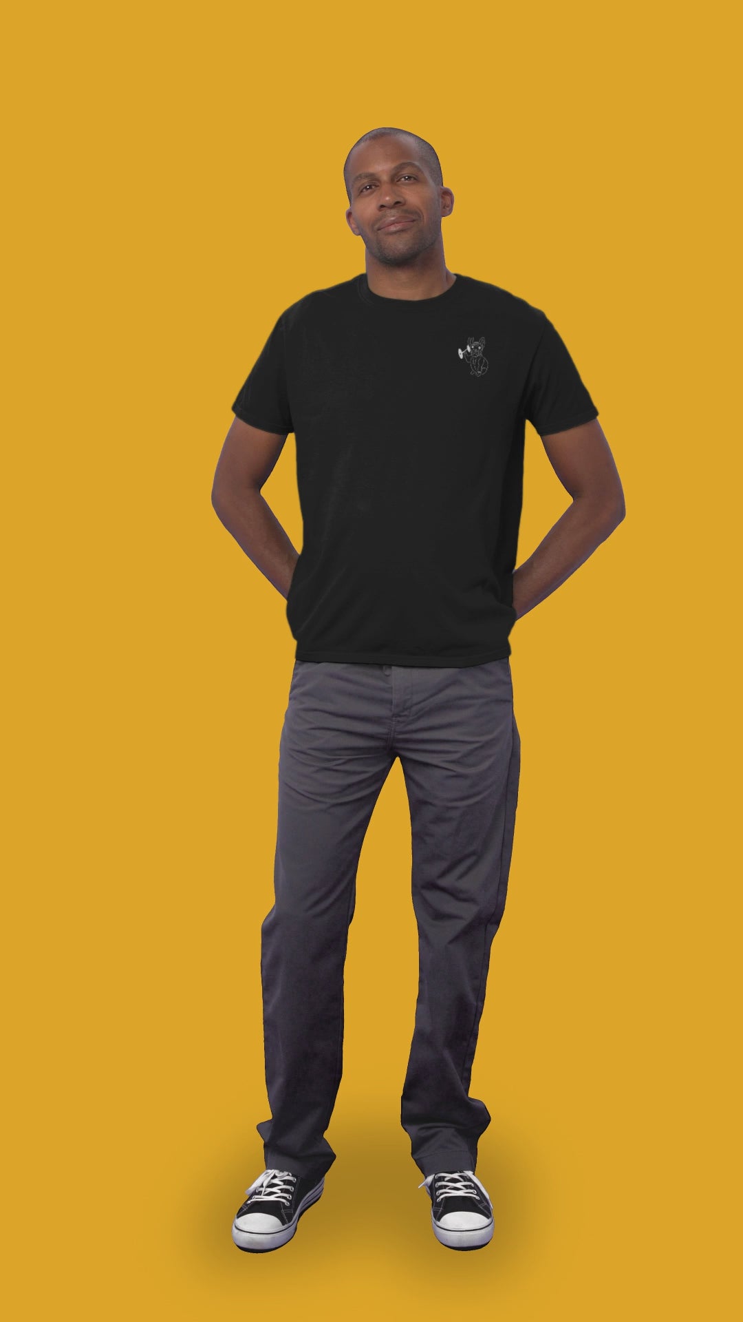 White French Bulldog Weight Lifter | 100% Organic Cotton T Shirt worn by a man