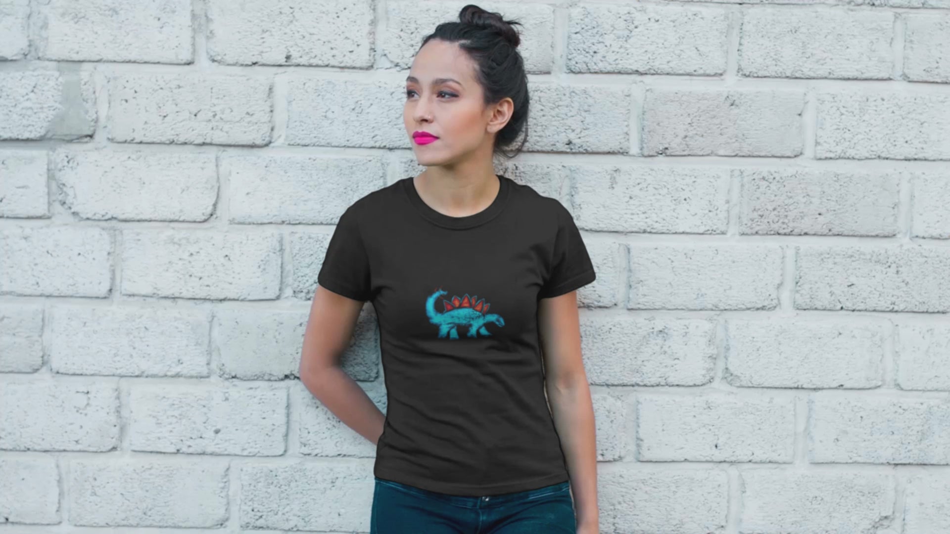 Dinosaur Stegosaurus | Women's 100% Organic Cotton T Shirt worn by a woman