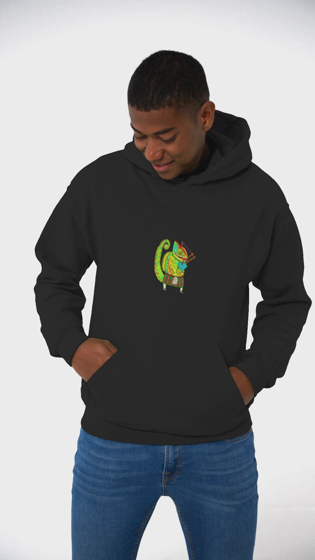 Chameleon Bagpiper | Sustainable Hoodie worn by a man