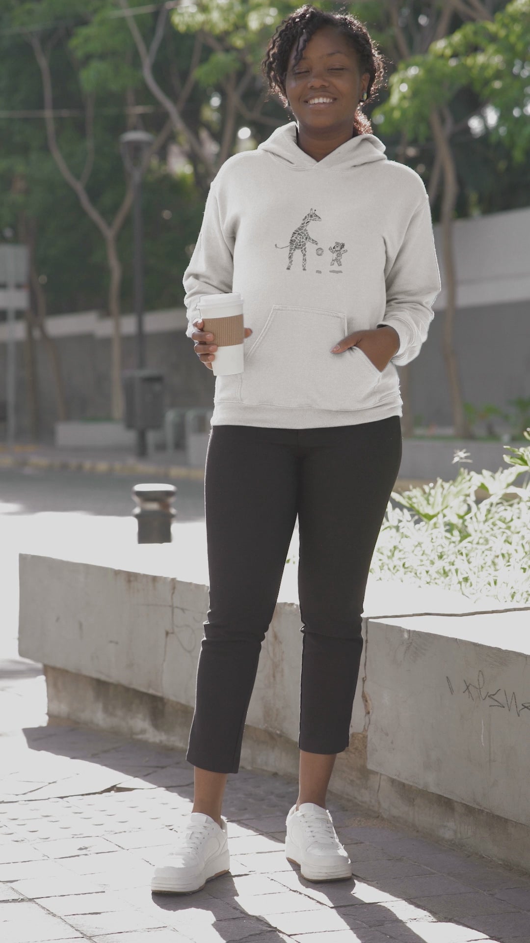 Koala and Giraffe Basketball | Sustainable Hoodie worn by a woman