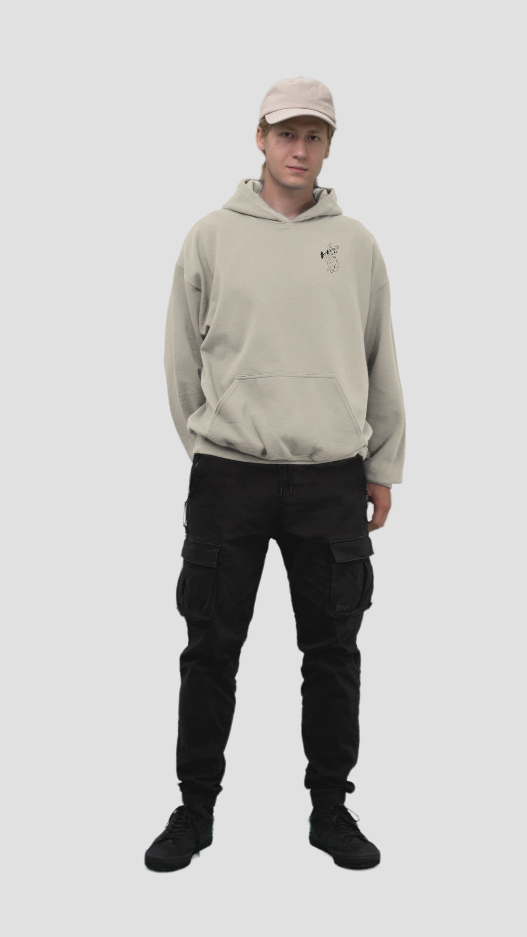 French Bulldog Weight Lifter | Sustainable Hoodie worn by a man