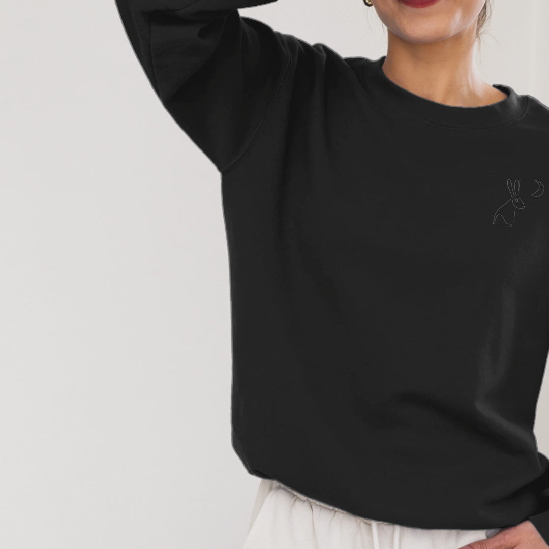 White Hare Stares at the Moon | Vegan Jumper worn by a woman