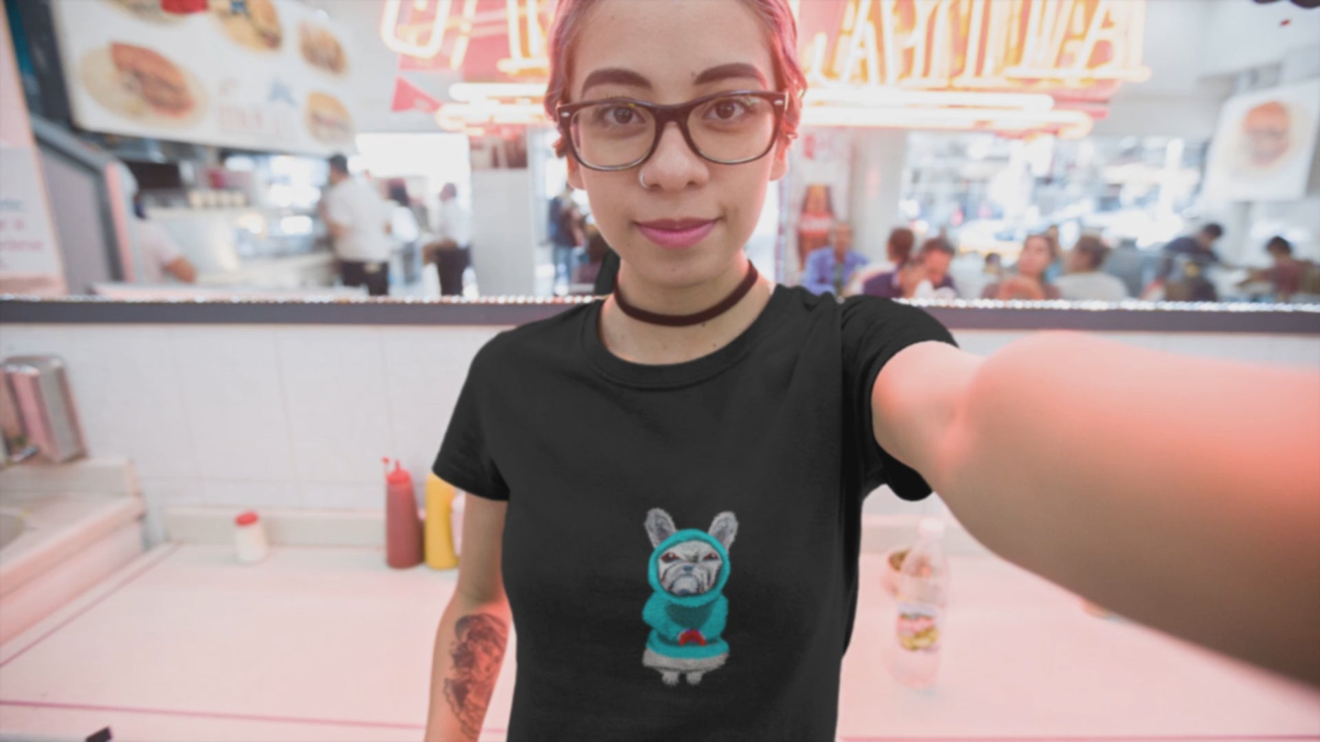Dog Gamer | 100% Organic Cotton T Shirt worn by a woman in a cafe