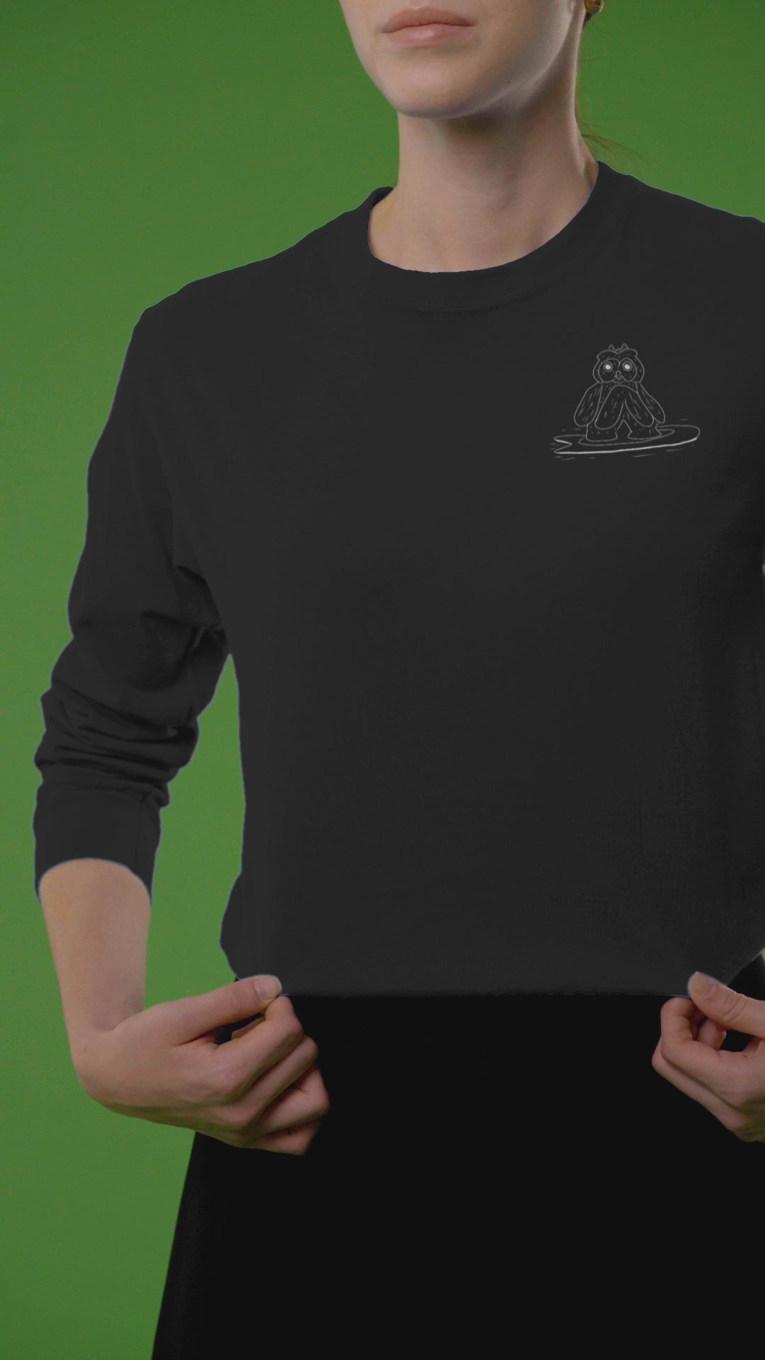 Surfing Owl White Line | Vegan Jumper worn by a woman