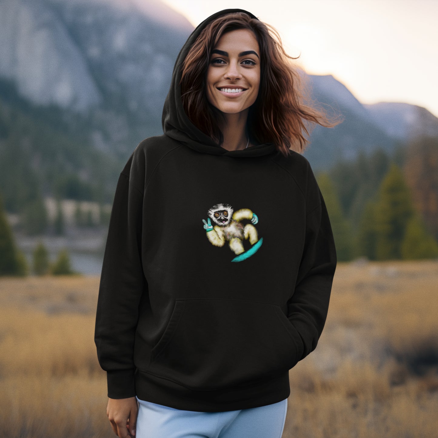 Lemur Snowboarder | Sustainable Hoodie worn by a woman
