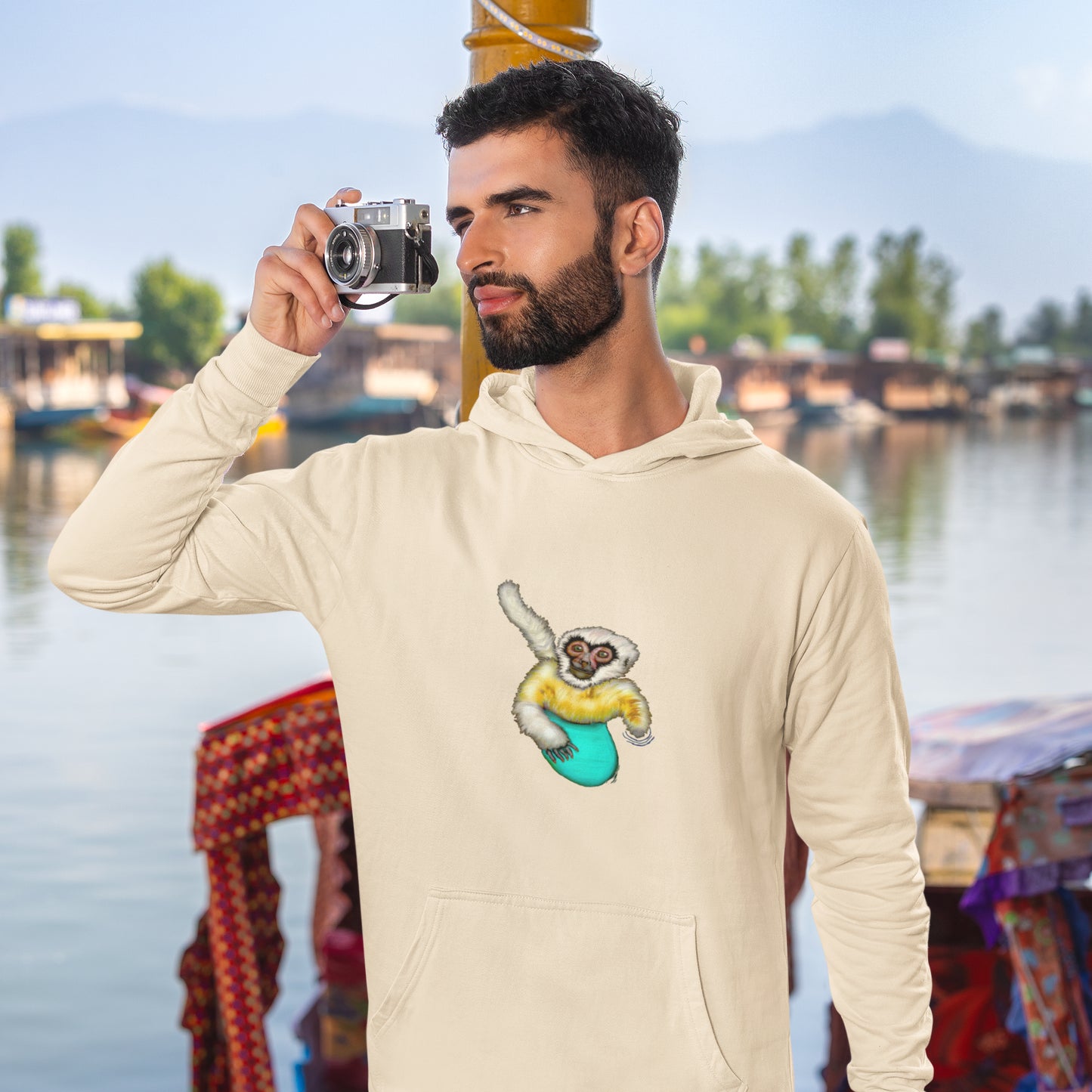 Surfing Gibbon | Sustainable Hoodie worn by a man
