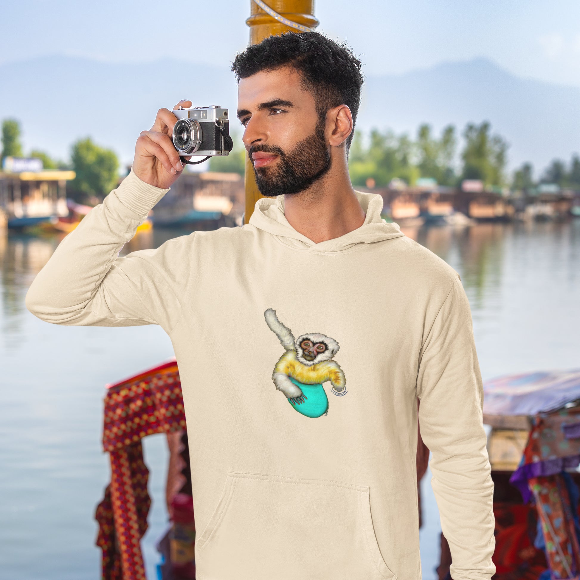 Surfing Gibbon | Sustainable Hoodie worn by a man