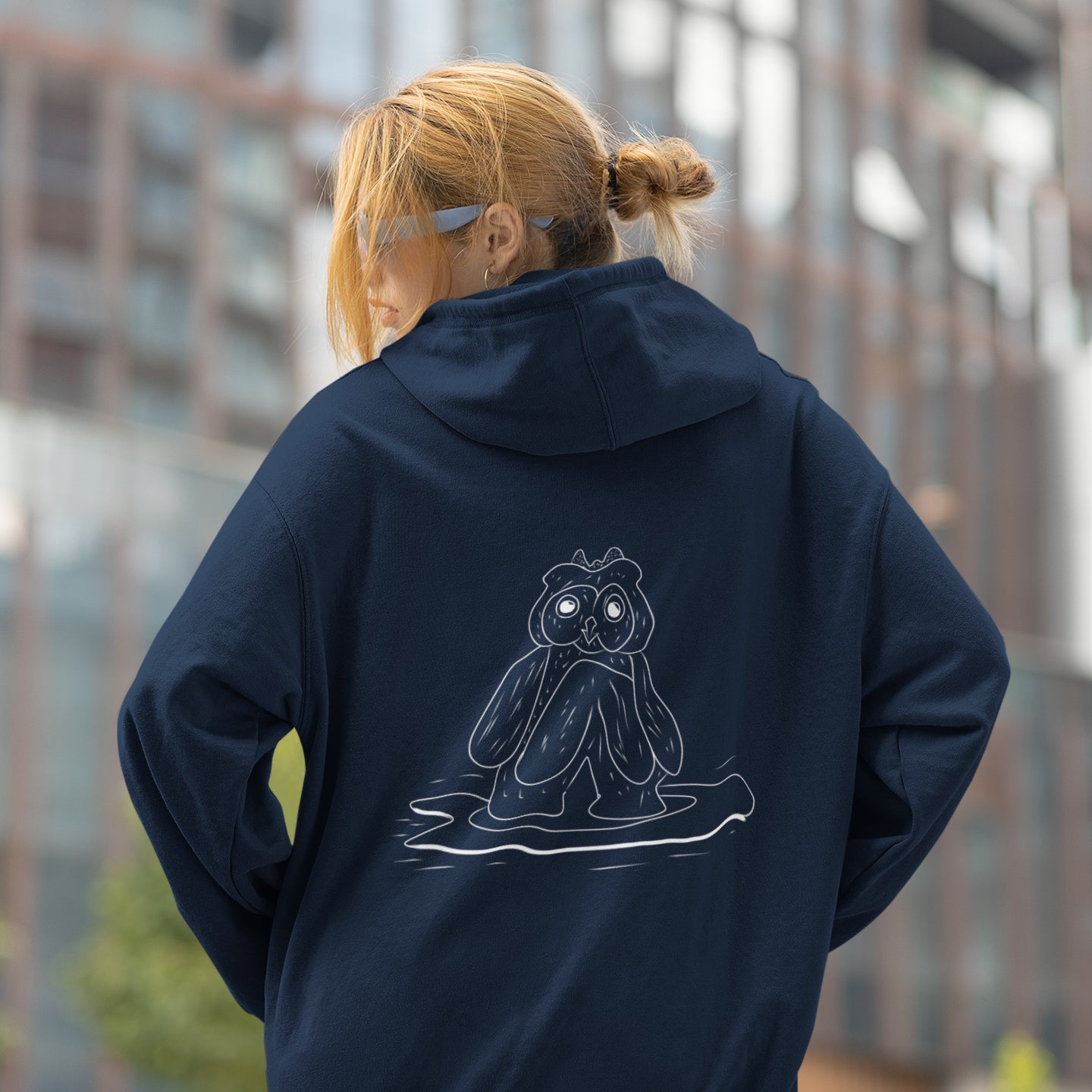 Surfing Owl White Line | Sustainable Hoodie worn by a woman