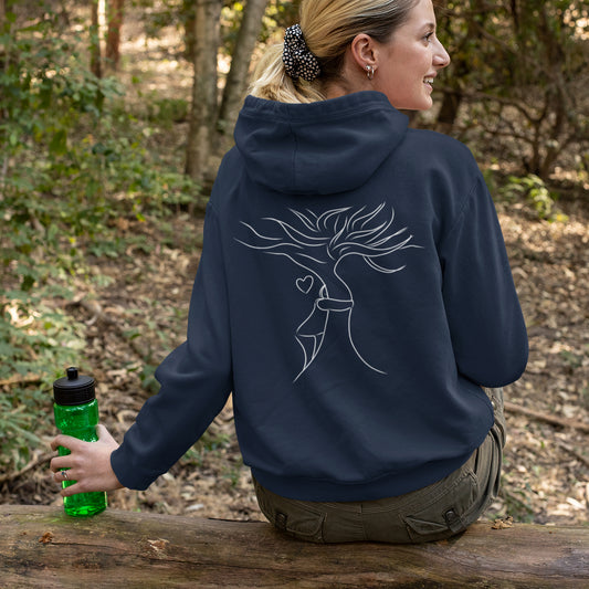 White Tree Hug | Sustainable Hoodie worn by a woman
