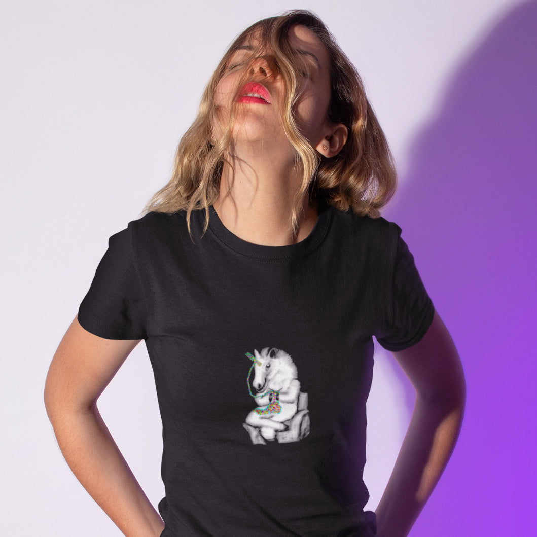 Knitting Unicorn | 100% Organic Cotton T Shirt worn by a woman