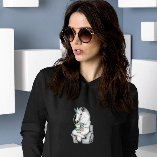 Knitting Unicorn | Sustainable Hoodie worn by a woman