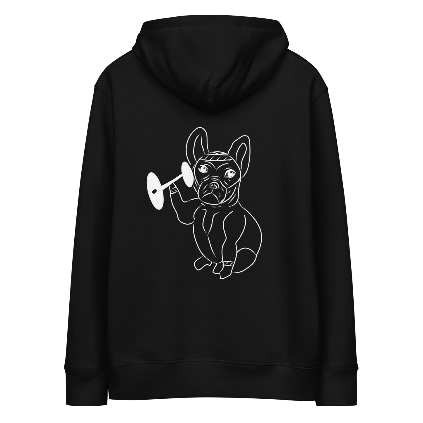 White French Bulldog Weight Lifter | Sustainable Hoodie in black back