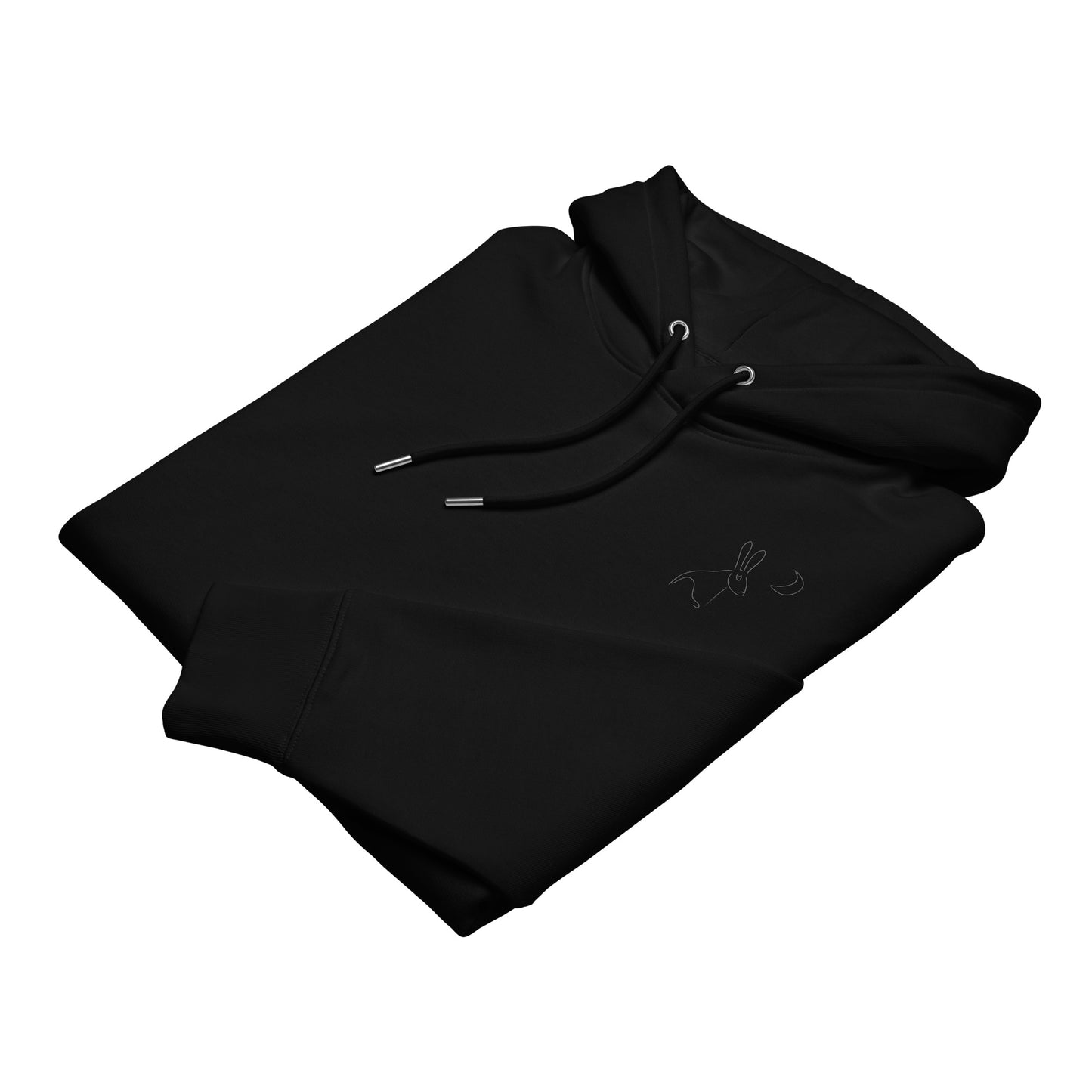 White Hare Stares at Moon | Sustainable Hoodie in black folded