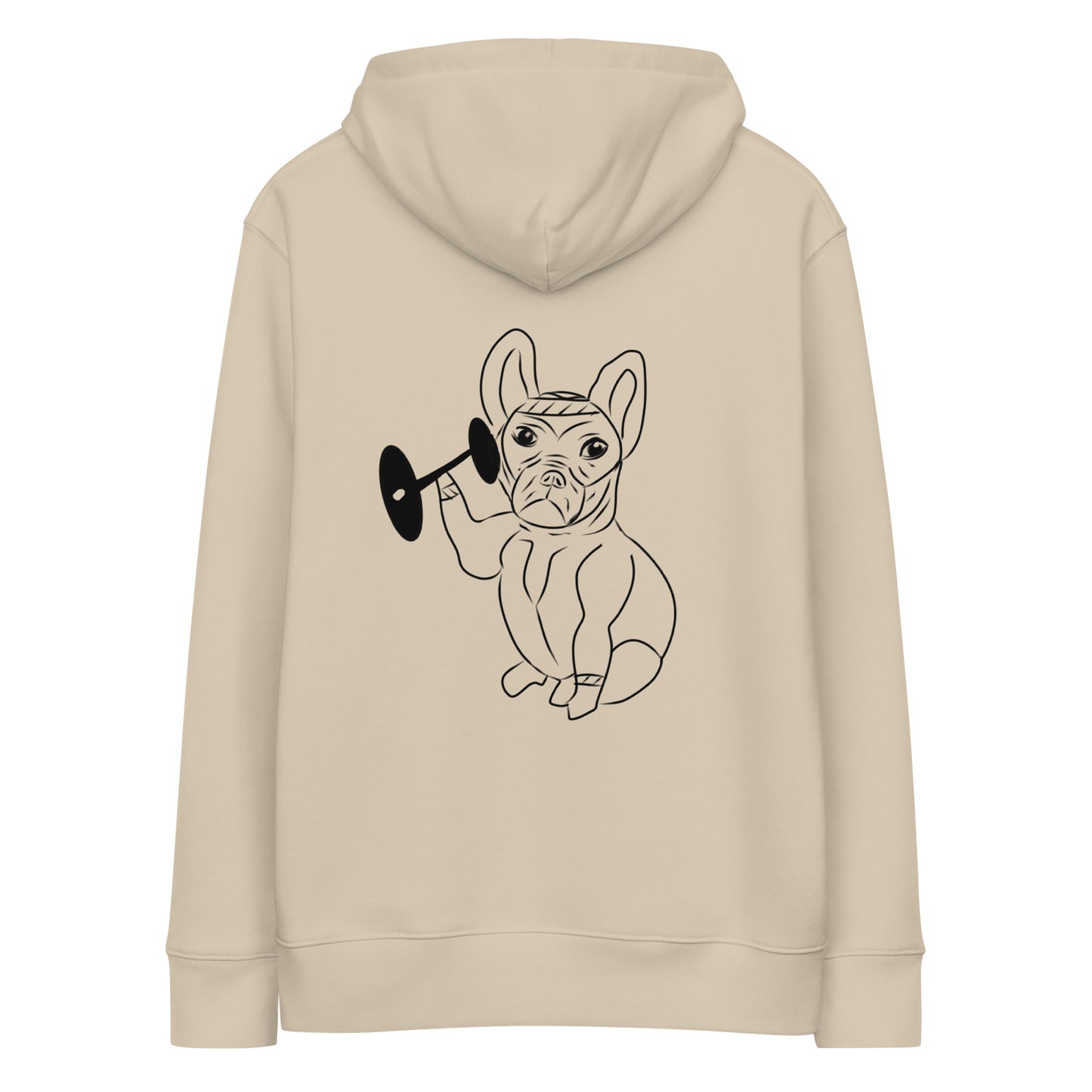 French Bulldog Weight Lifter | Sustainable Hoodie in dessert dust back view