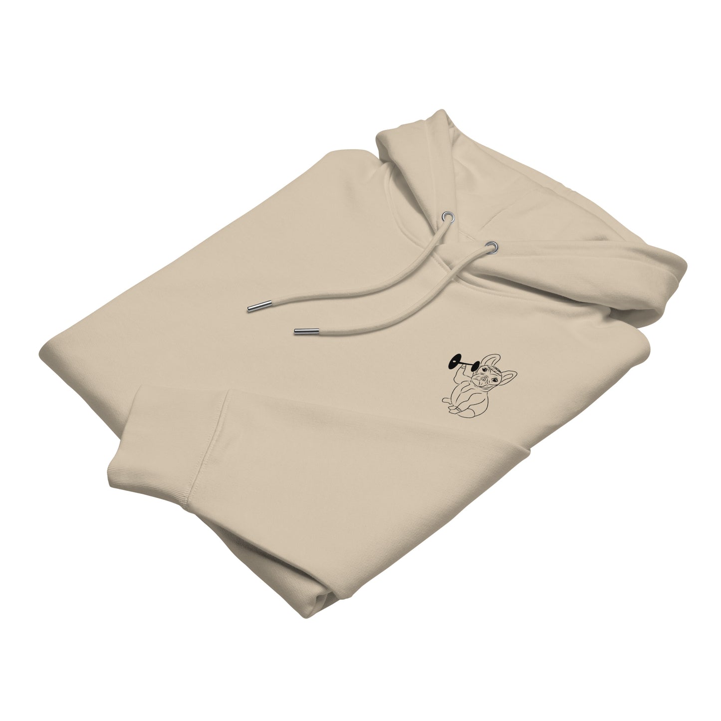 French Bulldog Weight Lifter | Sustainable Hoodie in dessert dust folded