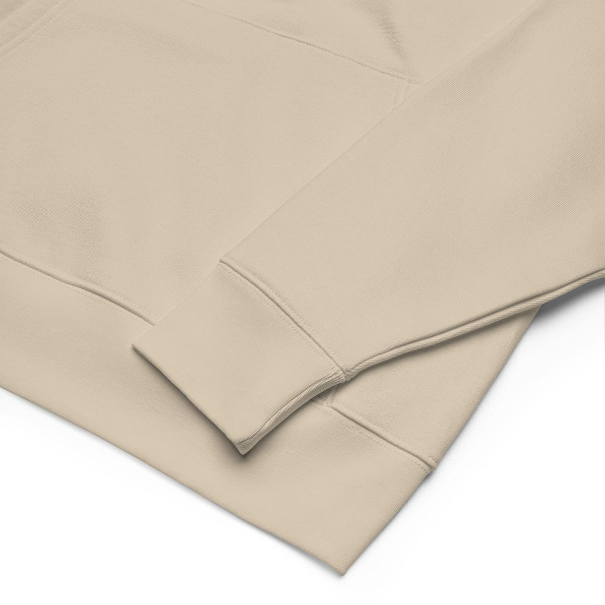 Sustainable Organic Cotton Vegan Hoodie in desert dust sleeve detail