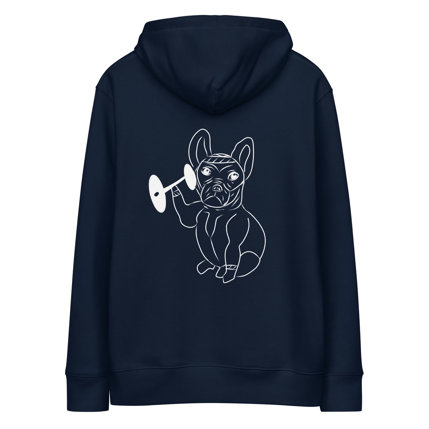 White French Bulldog Weight Lifter | Sustainable Hoodie in navy back
