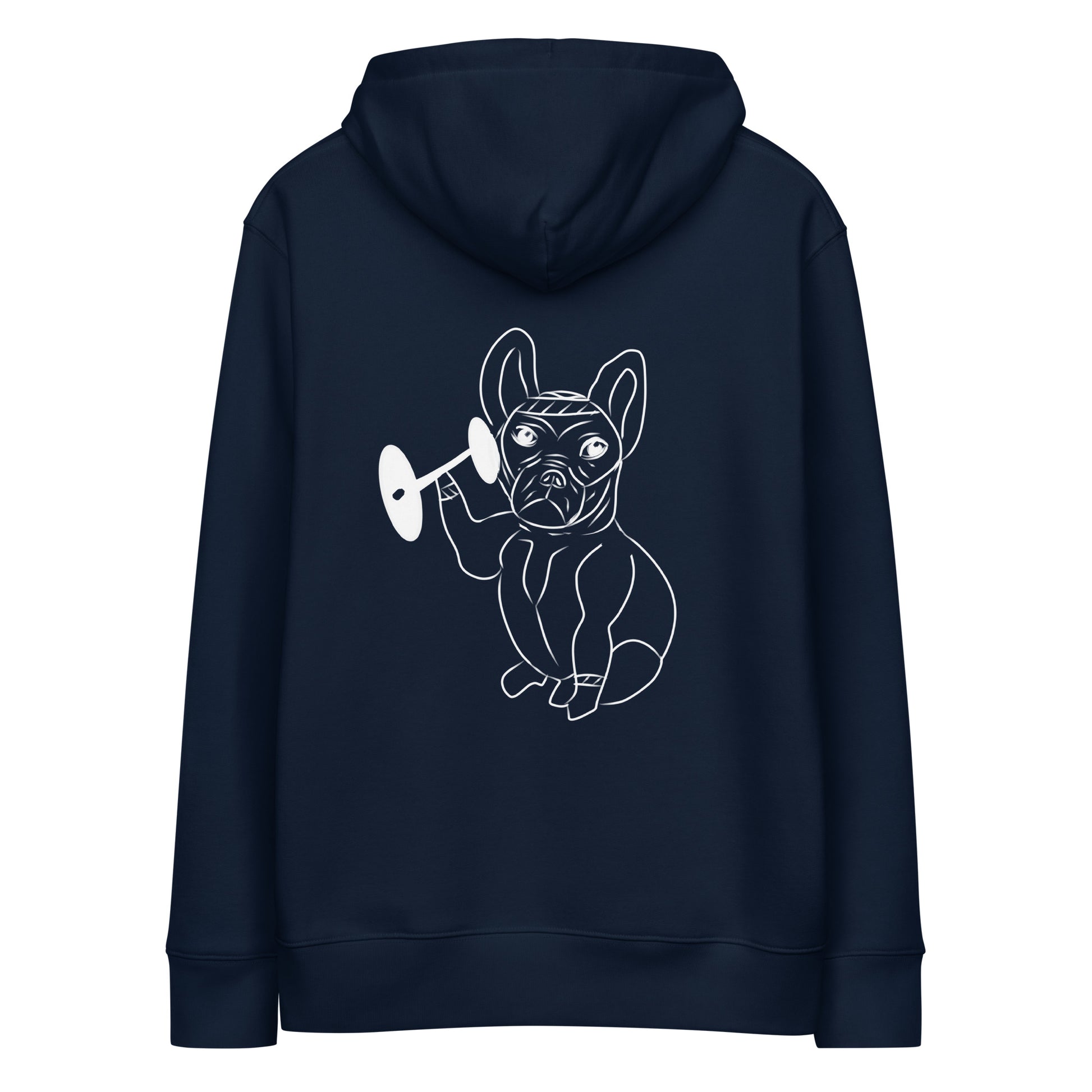 White French Bulldog Weight Lifter | Sustainable Hoodie in navy back