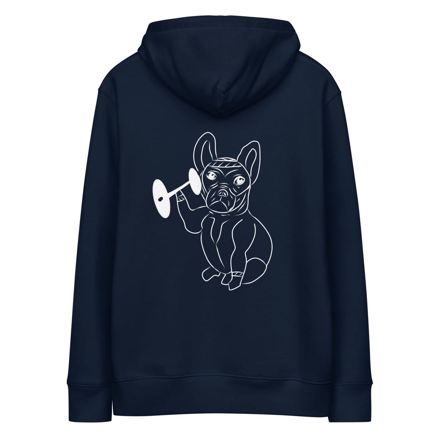 White French Bulldog Weight Lifter | Sustainable Hoodie in navy back