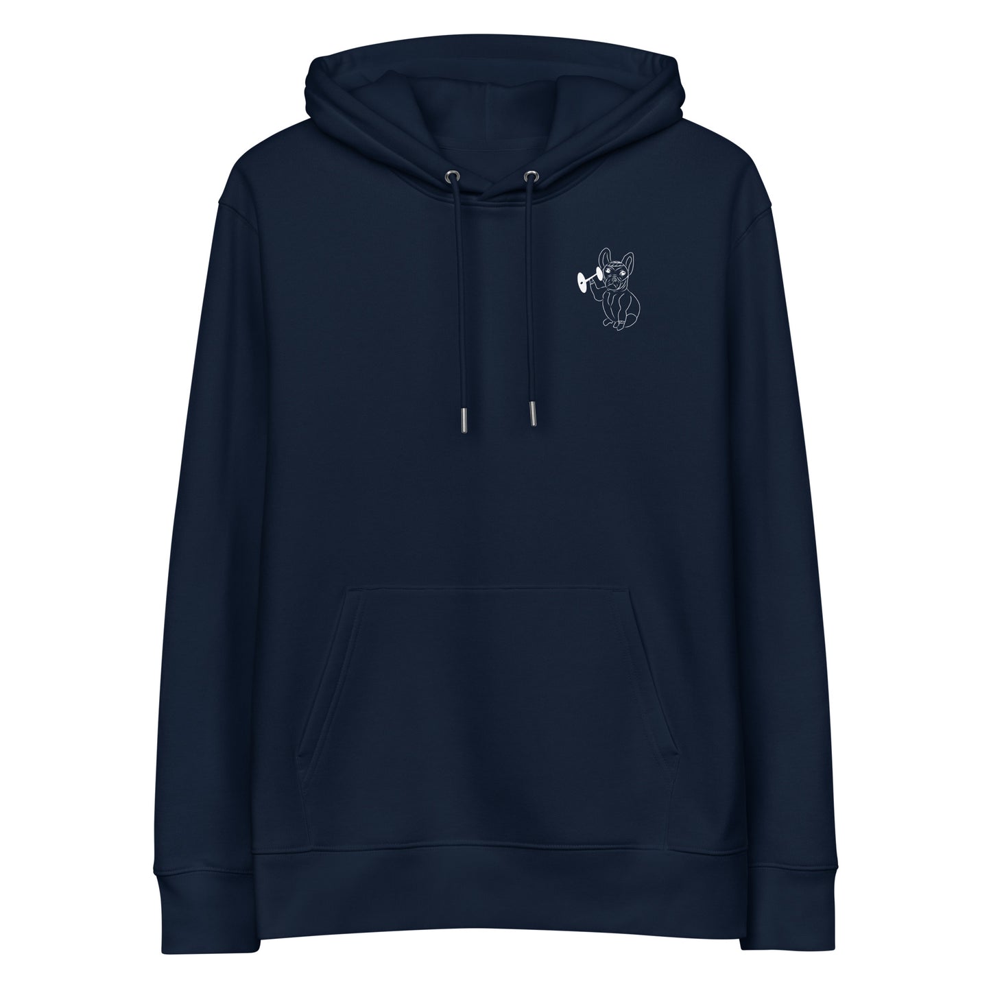 White French Bulldog Weight Lifter | Sustainable Hoodie in navy front
