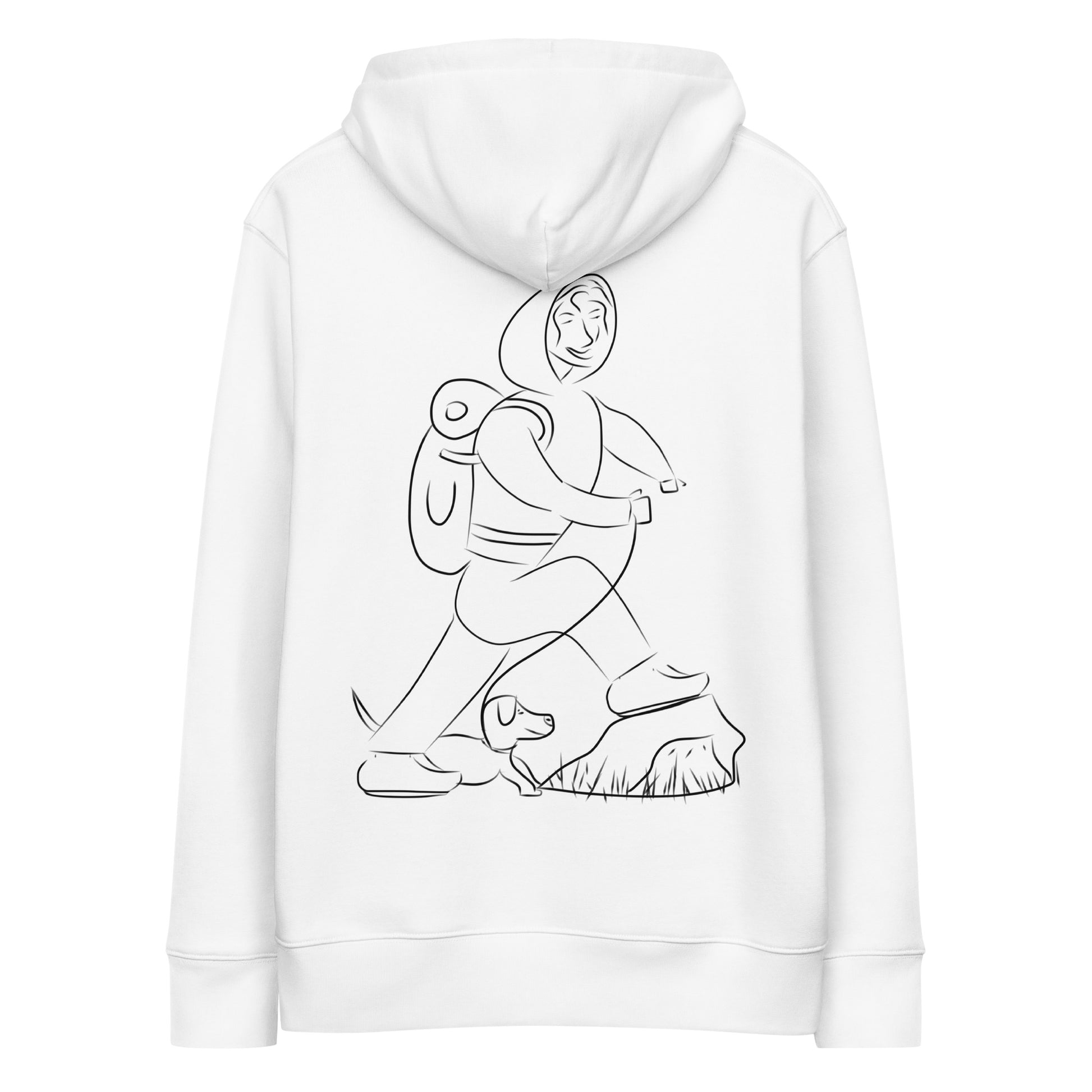 Woman and Dog Hiking | Sustainable Hoodie in desert white back